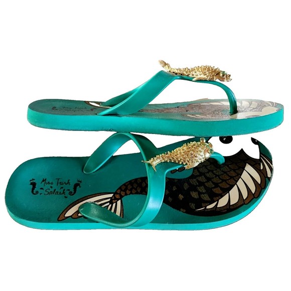 Miss Trish Splash Fish Flip Flops US Size 7 Embellished Green - Picture 3 of 7